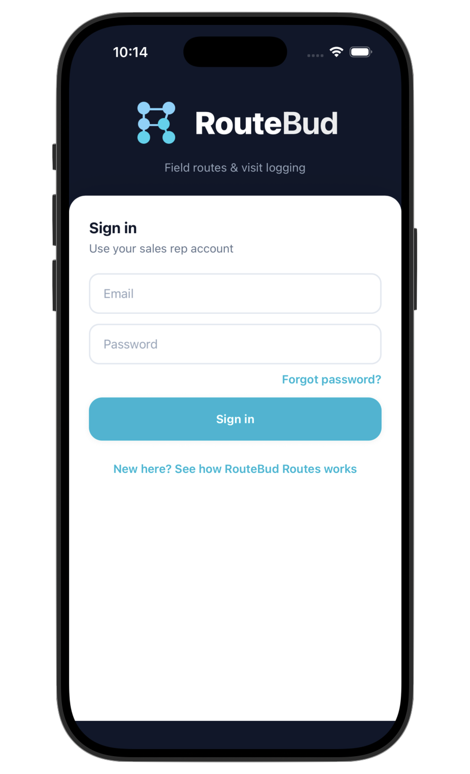 RouteBud iOS app screenshot - Login