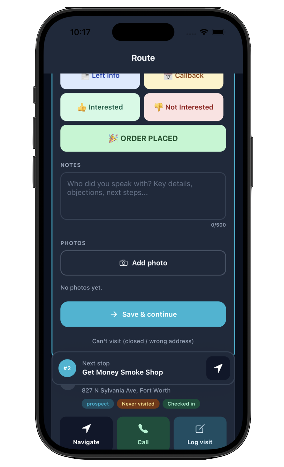 RouteBud iOS app screenshot - Outcome Notes