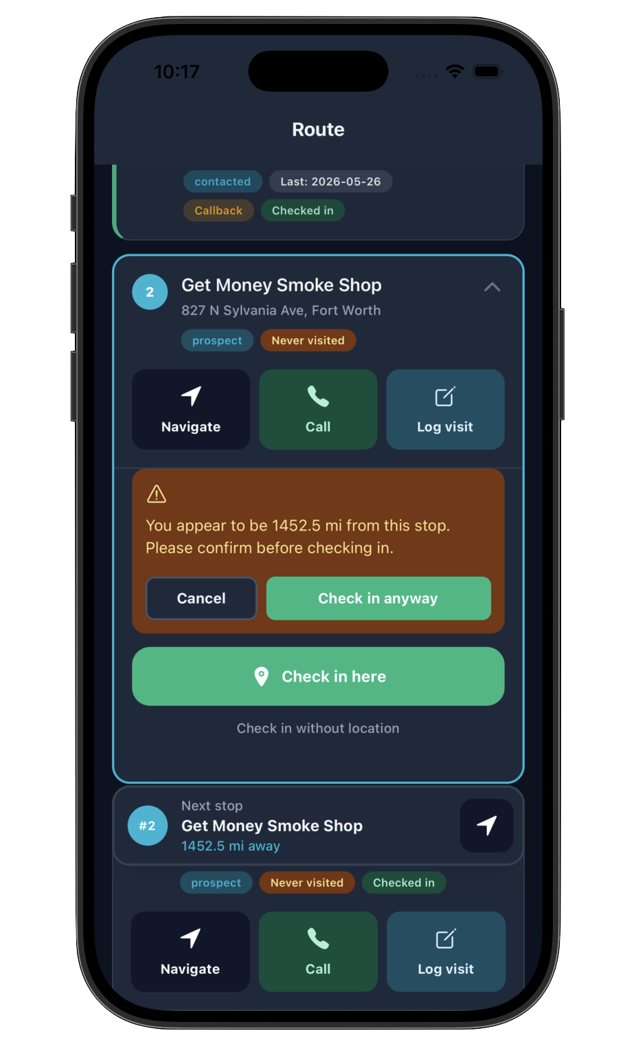RouteBud iOS app screenshot - Stop Checkin