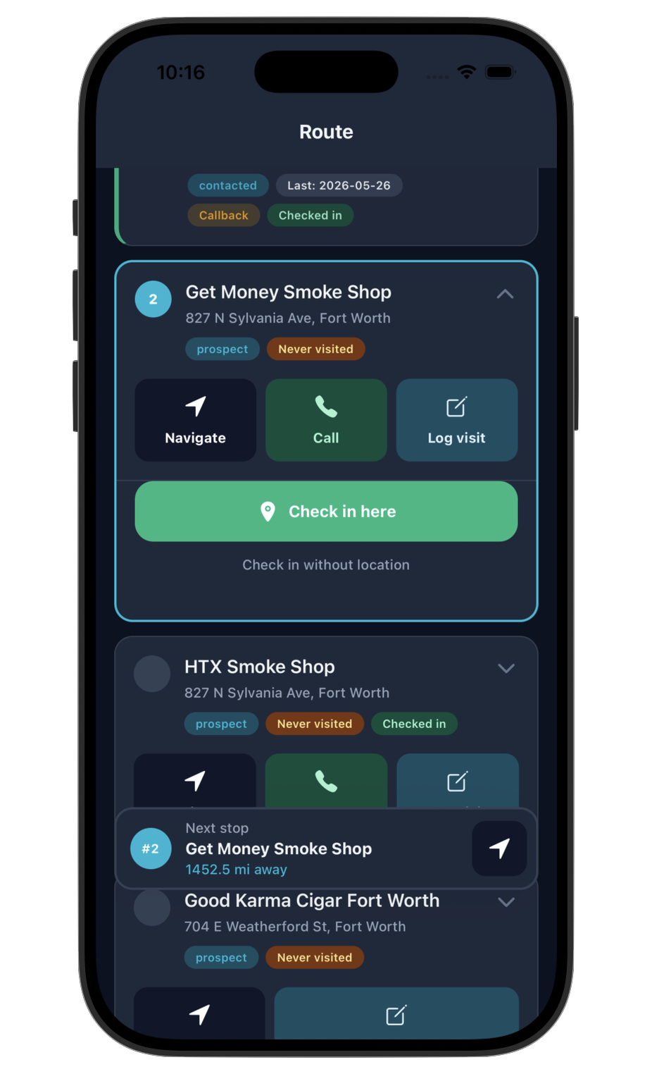 RouteBud iOS app screenshot - Stop Checkin1