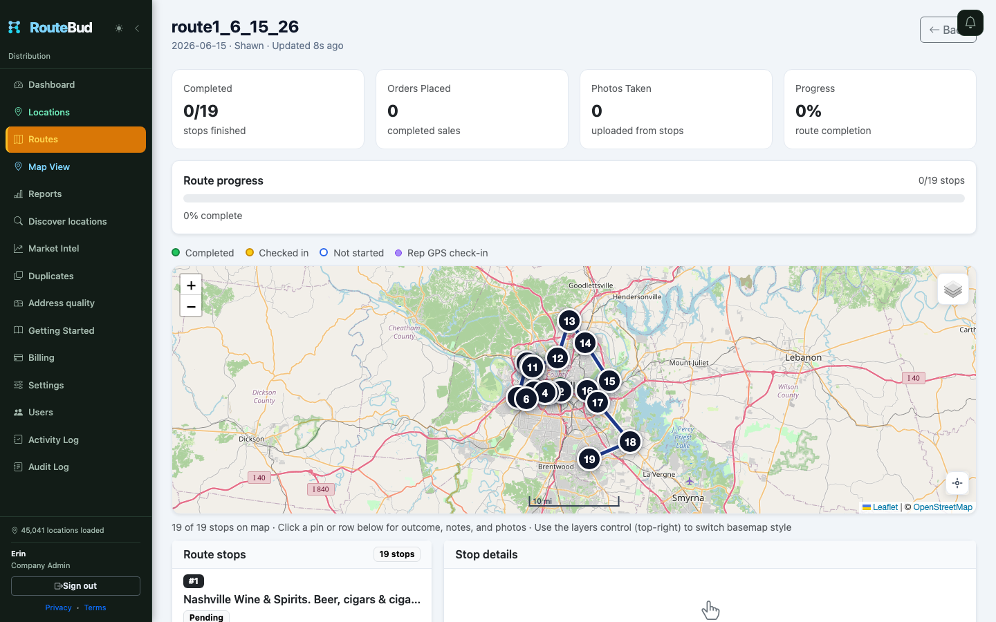 RouteBud live route dashboard for managers