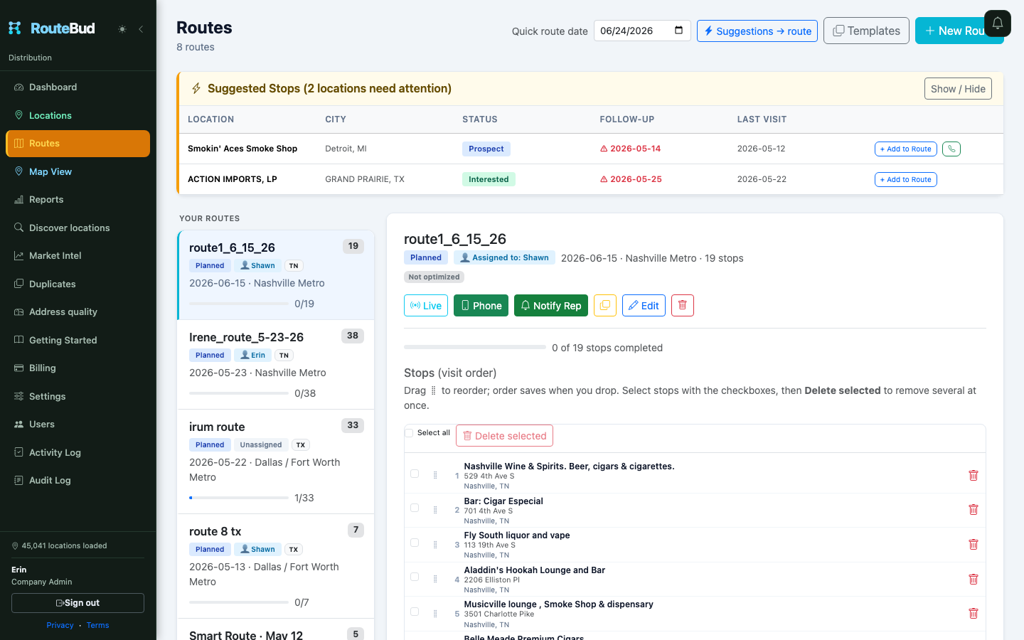 Routes list with assignment and status