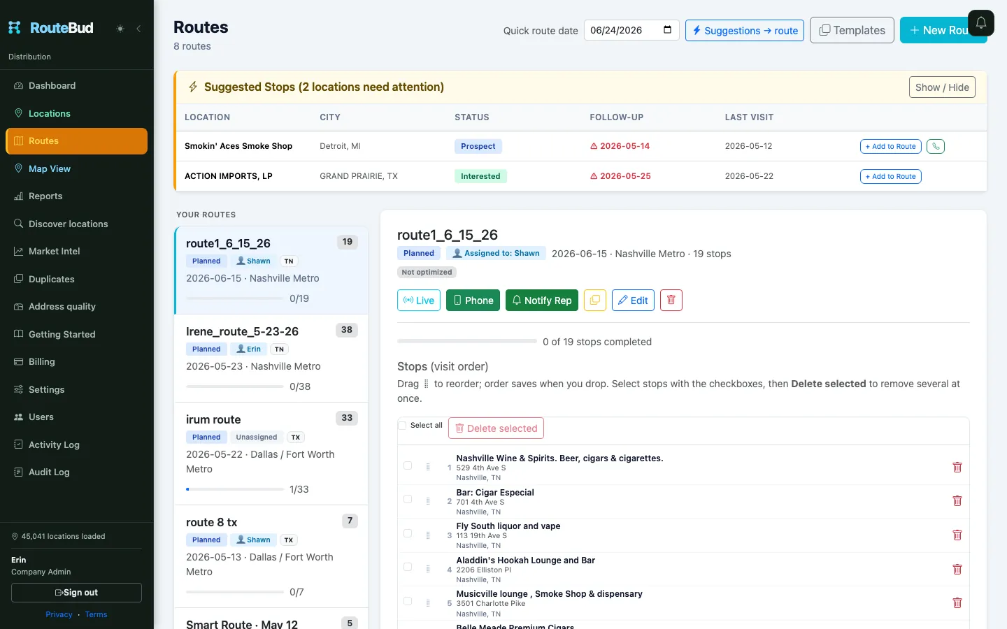 Routes list with assignment and status
